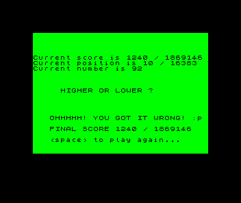 screenshot for Mega-Hi-Lo (Z80 rom edition)